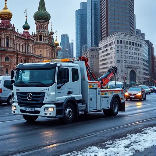эвакуатор москва A realistic scene of a modern tow truck parked on a busy Moscow street, with recognizable Russian architecture such as historic buildings and modern high-rises in the background, subtle hints of winter snow on the ground, and the city atmosphere conveyed through streetlights and traffic, without any visible text or signage.