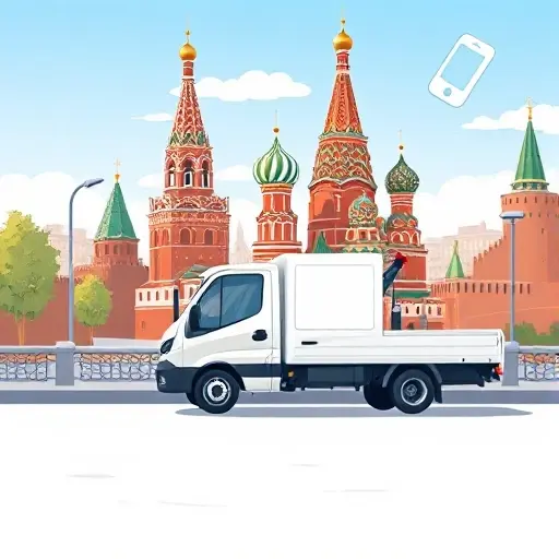 A realistic illustration of a compact tow truck parked near a recognizable Moscow landmark such as the Kremlin or St. Basil's Cathedral, with a subtle hint of affordability like a small price tag icon floating nearby, and a smartphone silhouette indicating a phone call, all rendered in a clean, high-quality smallHQ style, without any visible text or branding.