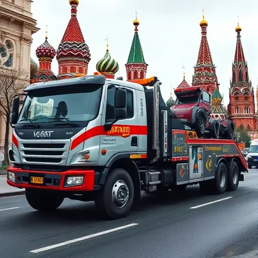 A large 5-ton tow truck parked on a Moscow street, with iconic city landmarks in the background such as the Kremlin or St. Basil's Cathedral, showcasing the truck's robust design and towing equipment in a realistic style