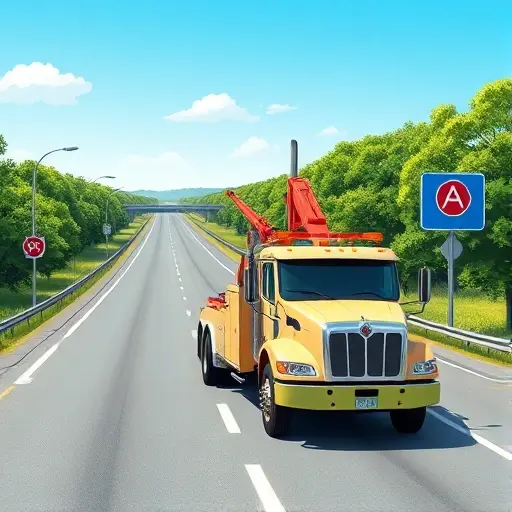 A realistic illustration of a modern tow truck parked on a wide, well-maintained highway with clear signage, surrounded by lush green trees and a clear blue sky. The truck should be in a dynamic pose, with its hydraulic arm extended, ready to lift a vehicle. The scene should emphasize the road's design and the tow truck's functionality.