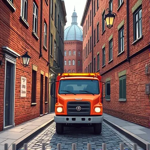 A realistic smallHQ style illustration of a tow truck (evacuator) parked in a narrow, cobblestone alley named Ananyevsky Lane, with surrounding old brick buildings, street lamps, and a subtle hint of a cityscape in the background. The scene should convey a professional service ready to assist, with the tow truck's hook and lights visible, but without any text, logos, or people.
