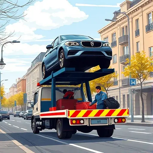A realistic illustration of a tow truck (evacuator) operating on a city street in the Savelo district of Moscow, with typical Moscow buildings, trees, and street lamps; the truck is lifting a small car onto its platform under a clear sky, showing a professional driver in uniform, without any text or signage