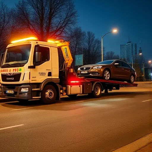 A modern tow truck parked on a quiet Moscow street in the northern district, equipped with bright safety lights and reflective markings, towing a car that is securely strapped with a safety harness. The scene shows a calm, well-lit environment with a subtle hint of the Moscow skyline in the background. The focus is on the tow truck's safety equipment and the careful handling of the vehicle.