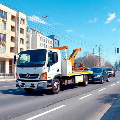 A realistic illustration of a modern tow truck arriving promptly on a city street in the south‑west district of Moscow, with a clear blue sky, urban buildings, and a driver assisting a stranded car, emphasizing speed and reliability, no text or signage