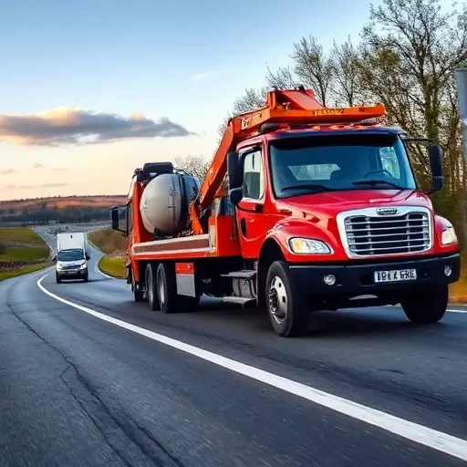A tow truck in the Nizhny Novgorod region pulling a stranded car on a road with regional scenery. The scene emphasizes prompt assistance by including a bright stopwatch or a sense of speed, with no text or lettering visible.