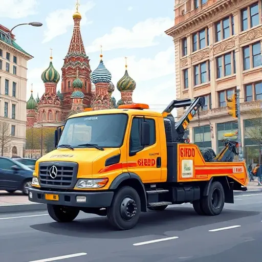 A realistic illustration of a GIBDD tow truck parked on a Moscow street, with iconic Moscow architecture in the background, no text or signage, in a detailed, high-resolution style.