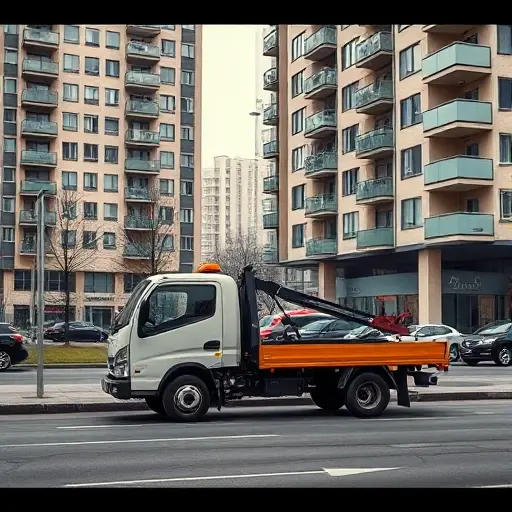 A realistic city scene in Moscow's Don district showing a compact tow truck parked beside a modern apartment building, with a subtle hint of the nearby Don River in the background; the focus is on the tow truck and the urban environment, with no people, signage, or text visible.