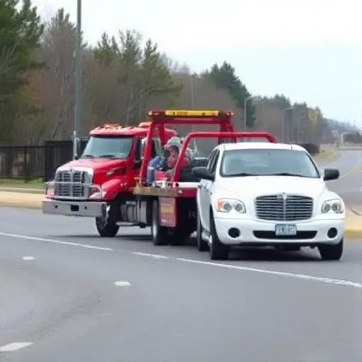 A tow truck pulling a car on a road, with a clear view of the vehicle being towed, no text or signage, realistic style