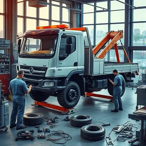 Ремонт эвакуаторов в Москве: Полное руководство A detailed scene of a tow truck undergoing repair in a modern Moscow workshop: mechanics in work overalls using tools, the truck on a lift, parts and equipment scattered around, with a subtle hint of Moscow cityscape visible through a large window in the background, realistic lighting and a professional atmosphere