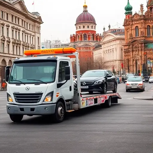A tow truck pulling a car on a Moscow street, with recognizable Moscow architecture such as the Kremlin dome and typical city buildings in the background, showing a busy urban environment, emphasizing the service of vehicle evacuation without any text or signage