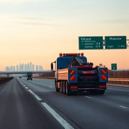 Эвакуатор Калуга – Москва: Полное руководство по стоимости и заказу A realistic scene showing a tow truck (evakuator) driving on a highway connecting the cities of Kaluga and Moscow, with a subtle background of road signs indicating direction and distance, a calm sky, and a hint of city skylines in the far distance, emphasizing the journey and transportation aspect without any text or logos