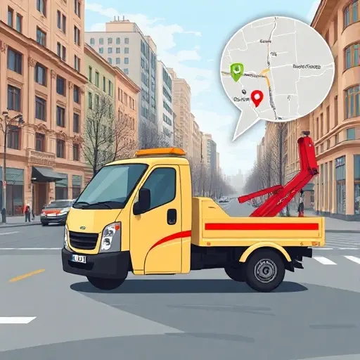 A realistic illustration of a compact tow truck parked on a Moscow street in the South-Eastern Administrative Okrug, with city buildings in the background and a subtle map overlay indicating location, conveying affordability and proximity, without any text or logos