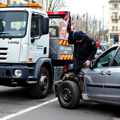 A tow truck parked on Argunovskaya Street, next to a car with a visible technical malfunction such as a flat tire or engine failure. The scene shows the tow truck's front, the damaged car's side, and a mechanic in work clothes inspecting the issue. The street is urban with subtle background buildings, no signage or text visible.