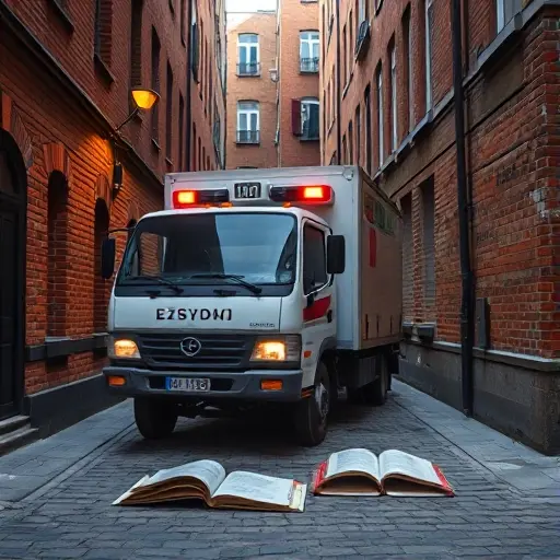 A realistic tow truck (evacuator) parked on a narrow urban alley named "2nd Truzhenikov Alley", with cobblestone pavement, old brick buildings on both sides, subtle street lighting, and a subtle hint of a guidebook or manual lying open on the ground beside the truck, all depicted in a compact high-quality (smallHQ) style without any text or signage