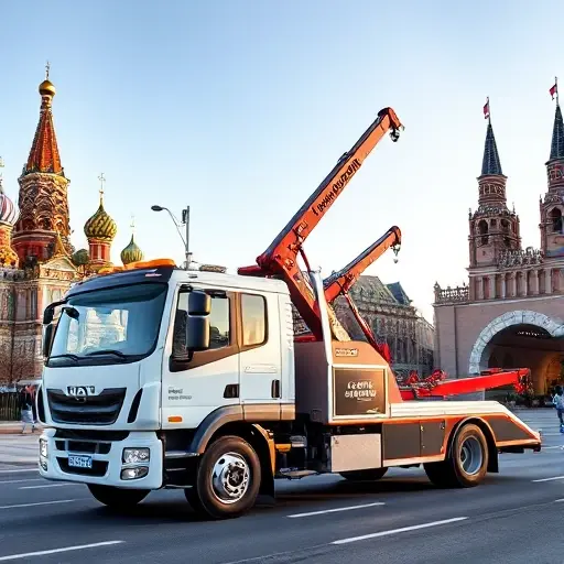 эвакуатор москва 24 A modern tow truck with a crane parked on a Moscow street, with recognizable city architecture such as the Kremlin towers or a Moscow metro entrance in the background, under a clear sky, conveying a sense of 24‑hour service, realistic rendering, smallHQ style