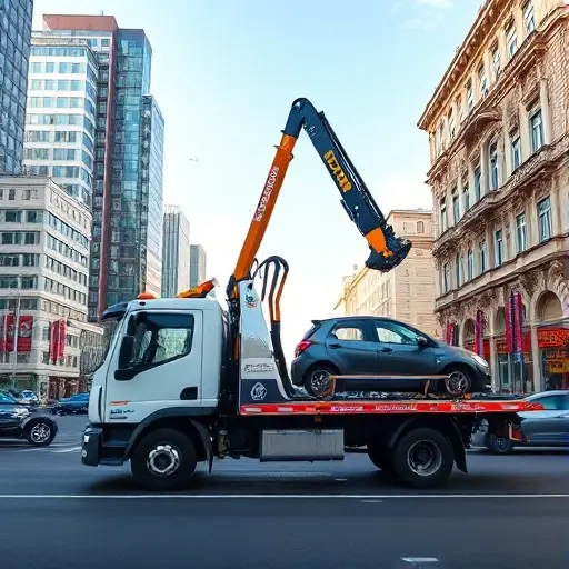 A realistic scene of a modern tow truck equipped with a hydraulic manipulator arm, positioned on a busy Moscow street with recognizable city architecture such as high-rise buildings and classic Russian facades, under a clear sky. The tow truck is actively lifting a small car using its manipulator, showcasing the service of vehicle recovery. The composition emphasizes the machinery and urban environment without any signage, text, or people.