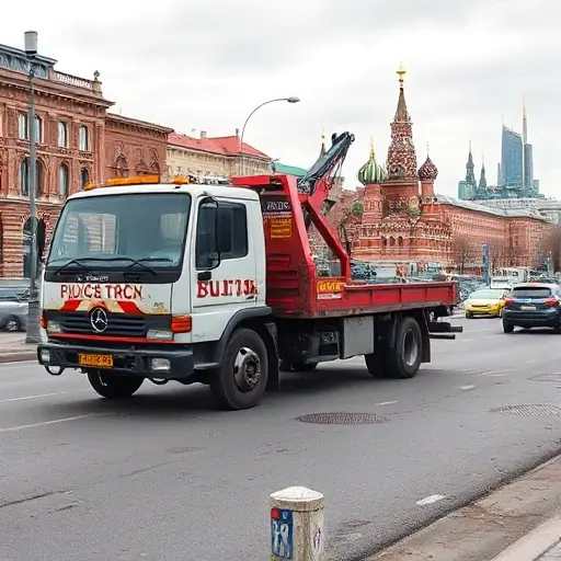 купить эвакуатор бу в москве и московской A used tow truck parked on a Moscow street, with iconic Moscow skyline in the background, showing the vehicle's practical condition and a subtle hint of the city’s traffic, all without any text or signage visible