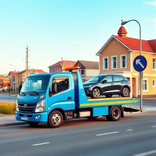 A realistic scene of a modern tow truck parked in front of a small Russian town, with a car being towed. The background shows typical Russian small‑town architecture, a clear sky, and a subtle roadside sign without any lettering. The tow truck is bright blue, with a visible towing hook and a reflective surface that captures the light. The overall composition conveys reliability and local service in a calm, everyday setting.