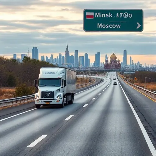 Эвакуатор Минск-Москва: Полное руководство по стоимости и организации перевозки A tow truck traveling on a highway between Minsk and Moscow, with a scenic route showing both city skylines, no text or numbers