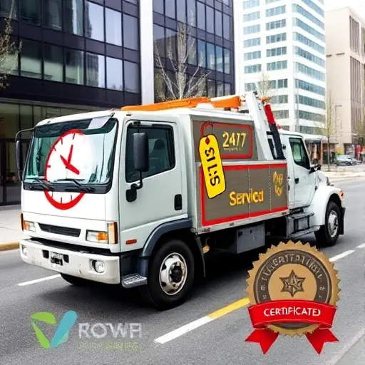 A modern towing truck parked on a city street, its side painted with a large red clock icon indicating 24/7 service, a bright yellow price tag icon, and a stylized certificate icon with a seal, all in a clean, realistic style.