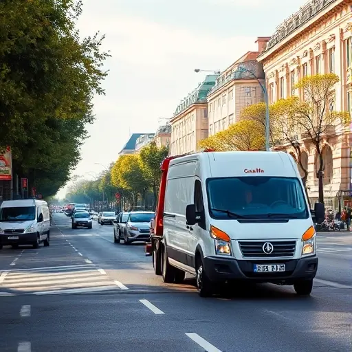 эвакуатор для газели москва A tow truck pulling a Gazelle van on a busy Moscow street, with recognizable city architecture and trees, under a clear sky, realistic lighting, no text or signage