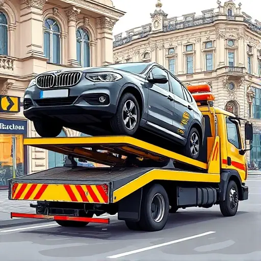 A realistic smallHQ style illustration of a tow truck in Moscow performing a partial loading: the truck's hydraulic platform is lifting the front half of a sedan, with the rear wheels still on the street. The background shows typical Moscow architecture with a hint of a historic building and city streets, but no signage or text. The scene conveys a clear focus on the tow operation with the vehicle partially on the truck bed.