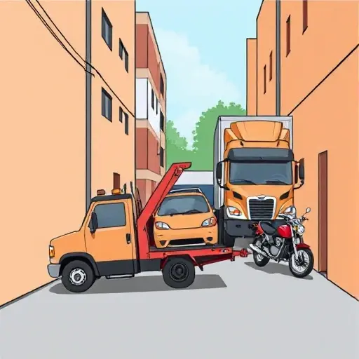 A realistic illustration of a vehicle evacuation from a narrow unnamed alley, featuring a tow truck pulling a passenger car, a heavy truck being moved, and a motorcycle being carried, all depicted without any text, letters, or digits