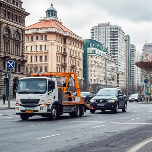 A realistic scene of a tow truck pulling a car through a typical Moscow street, with recognizable Russian architecture such as historic buildings and modern apartments, street signs blurred to avoid legible text, and a cloudy sky, focusing on the movement of the vehicle and the urban environment
