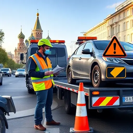 A realistic scene of a tow truck driver in Moscow, wearing a reflective vest and helmet, standing beside a tow truck with a vehicle being towed on a busy city street. The driver is checking a clipboard and using a safety cone to block traffic, with clear signage indicating traffic rules. The background shows iconic Moscow architecture and a clear sky, emphasizing safety and professionalism.