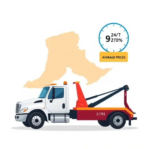 A tow truck parked beside a stylized map of a region, with a circular clock indicating 24/7 service, and a price tag icon representing average prices, all in a clean, modern illustration style