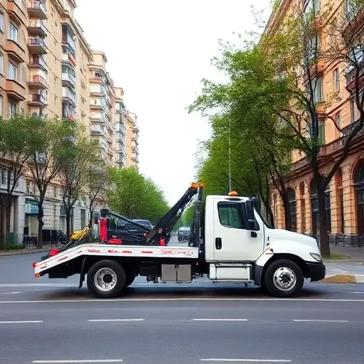 A modern tow truck positioned on a city street in the South-Western Administrative Okrug of Moscow, with typical Moscow apartment blocks, tree-lined sidewalks, and a clear daytime sky, realistic perspective, no text or signage