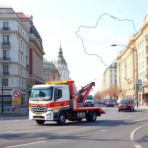 A realistic scene of a tow truck operating on a busy street in the southwestern part of Moscow, with recognizable Moscow architecture and a subtle hint of a map outline of the southwest district, showing the truck assisting a vehicle on the roadside under a clear sky, emphasizing affordability and reliability without any text or logos