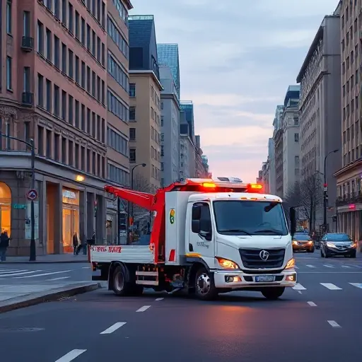 Эвакуатор на 2-й Сокольнической улице: Полное руководство A realistic city street scene on the second Sokolnicheskaya Street, featuring a modern tow truck (evacuator) parked beside the road, with the surrounding urban architecture, street lamps, and a subtle hint of traffic flow, all depicted in a compact, high-quality illustration style