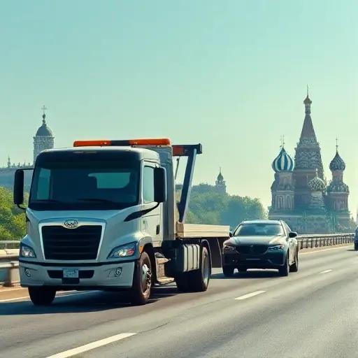 A modern tow truck pulling a broken-down car on a highway, with subtle silhouettes of iconic landmarks representing St. Petersburg (Peter and Paul Fortress) on one side and Moscow (Saint Basil's Cathedral) on the other side in the distant background, under a clear sky, realistic lighting, no text or logos