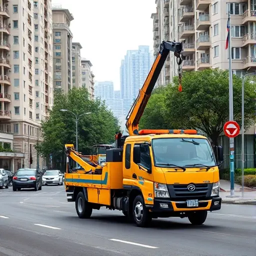 Эвакуатор по Москве в ЮЗАО: Полное руководство A realistic scene of a modern tow truck with a crane and hook parked on a busy street in Moscow's South-West Administrative Okrug, with recognizable city architecture such as high-rise residential buildings, tree-lined sidewalks, and a hint of the Moscow skyline in the background. The tow truck should be the focal point, showing its yellow and black colors, while the surrounding environment reflects typical urban Moscow atmosphere, including street lamps, traffic signs, and a paved road. No text, logos, or people should be visible.