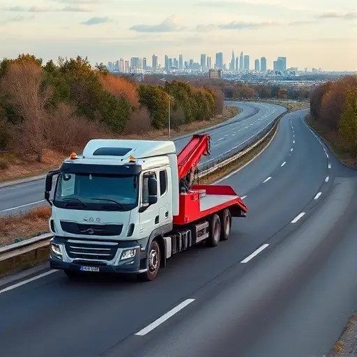 A modern tow truck (evacuator) driving on a highway surrounded by typical Moscow region scenery, with distant city skyline, trees, and a clear sky. The vehicle is prominently featured, showing its crane and trailer, but no text, logos, or people are visible.