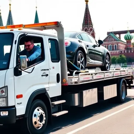 A professional tow truck in Moscow city, with the driver securing a car on a flatbed using straps, background showing recognizable Moscow landmarks such as the Kremlin or St. Basil's Cathedral, clear daylight, emphasizing safety and reliability of vehicle transport.