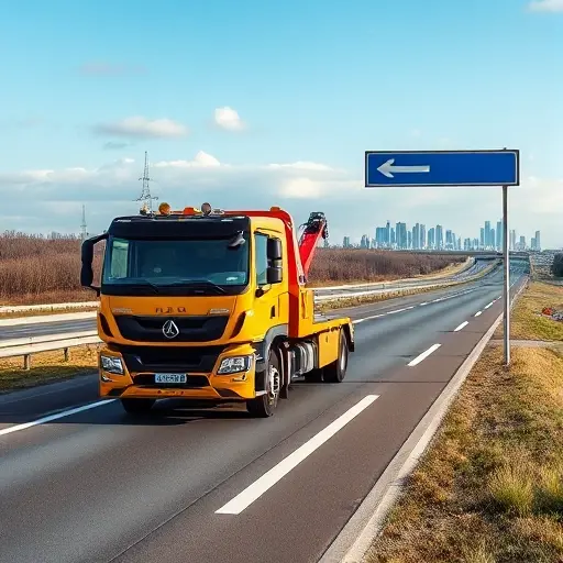 Эвакуатор Тверь-Москва: Полное руководство по стоимости и заказу A realistic scene of a modern tow truck (evakuator) driving on a highway that connects Tver and Moscow, with a scenic Russian landscape in the background, showing a clear road, distant city skyline of Moscow, and a signpost indicating direction without any text, focusing on the vehicle and the road environment
