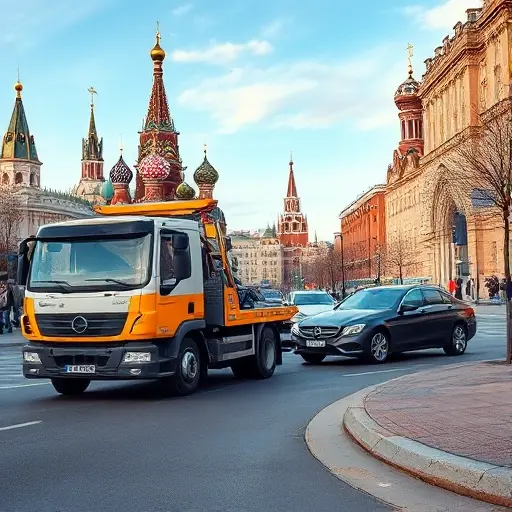 вызвать эвакуатор за неправильную парковку москва A tow truck parked on a Moscow street, pulling a car that is illegally parked on a curb. The scene shows a typical Moscow cityscape with recognizable landmarks in the background, such as the Kremlin or St. Basil's Cathedral, but no text or signage is visible. The focus is on the tow truck, the car being towed, and the urban environment, with clear lighting and realistic details.