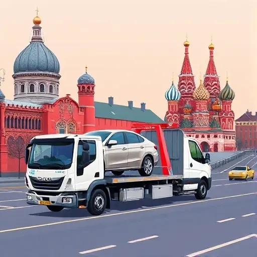 A small, high-quality illustration of a modern tow truck in Moscow, pulling a passenger car onto a flatbed. The background shows recognizable Moscow architecture such as the Kremlin dome or St. Basil's Cathedral silhouettes, with city streets and a hint of traffic. The scene is clear, focused on the tow operation, with realistic lighting and a professional, clean look.