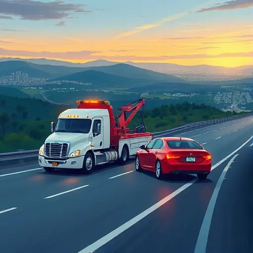 A realistic illustration of a modern tow truck pulling a stranded car on a highway, with a scenic background showing distant cities and subtle visual cues indicating a price or distance, all without any text or lettering