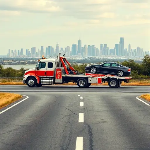 A tow truck pulling a car out of a city, with a distant city skyline in the background and an open road leading away, all depicted in a realistic style without any text or numbers