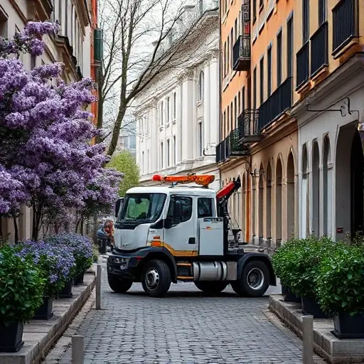 A realistic scene of a modern tow truck parked on a narrow urban alley called Hungarian Lilac Alley (small), with lilac bushes and blossoms lining the street, cobblestone pavement, subtle street lamps, and typical city buildings in the background. The focus is on the tow truck with its crane and hook, without any brand logos or text.