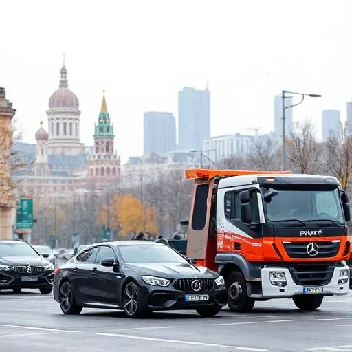 A realistic scene of a Moscow street with a modern tow truck parked beside a sleek car, the city skyline featuring recognizable Moscow architecture in the background, subtle seasonal cues like light snowflakes falling and a hint of autumn leaves to illustrate demand fluctuations, the atmosphere is busy yet organized, focusing on the towing service without any text or signage