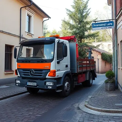 A tow truck parked on a narrow cobblestone street in a small Russian town, with a low-rise building on one side and a street sign indicating 1st Krasnoselsky Lane, the scene is in daylight, showing the truck's front and side, with a subtle reflection on the asphalt, and a hint of a small garden in the background