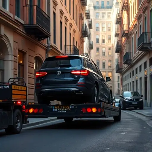 A professional tow truck loading a modern passenger car on a narrow city street with traditional urban architecture, daylight, high detail, cinematic lighting, realistic textures, urban environment