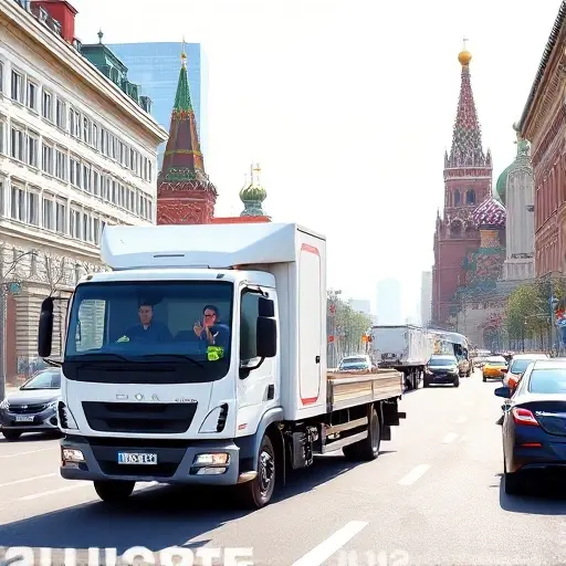 Попутный Эвакуатор из Москвы: Полное Руководство A realistic illustration of a modern tow truck driving through a Moscow city street, with recognizable Russian architecture such as historic buildings and the Kremlin silhouette in the background. The scene shows the tow truck's open trailer ready to receive a vehicle, a friendly driver waving, and bustling urban traffic without any visible text, numbers, or logos. The lighting is bright daylight, and the composition emphasizes the helpful service of a roadside assistance vehicle in the capital city.