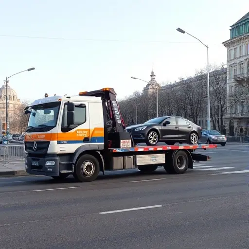 A realistic tow truck parked on a busy Moscow street near Rostokino, with a car being towed, safety signage visible, clear sky, no text or lettering in the scene