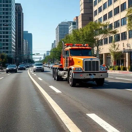 Эвакуатор на 2-й Дорожном проезде: Полное руководство A realistic tow truck positioned on the second lane of a busy road, with lane markings, surrounding urban buildings and trees, under a clear sky, captured in a high-quality smallHQ style