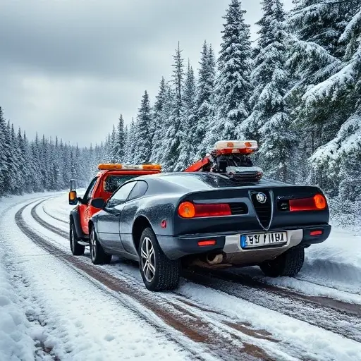 A rugged winter scene showing a tow truck pulling an Alfa Romeo car out of deep snow and icy mud on a forest road, with snow-covered pine trees, a cloudy sky, and a faint trail of tire tracks behind, emphasizing the struggle of off‑road recovery in harsh cold conditions